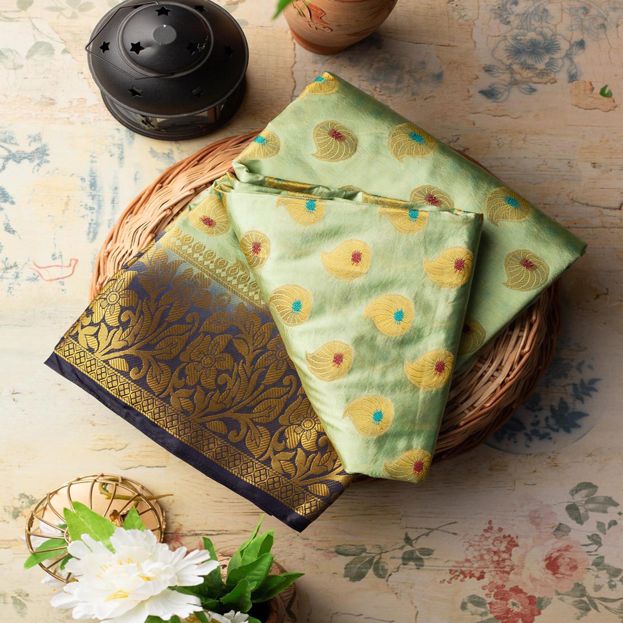 Ethnic Pista Green Colored Festive Wear Woven Art Silk Saree - Peachmode