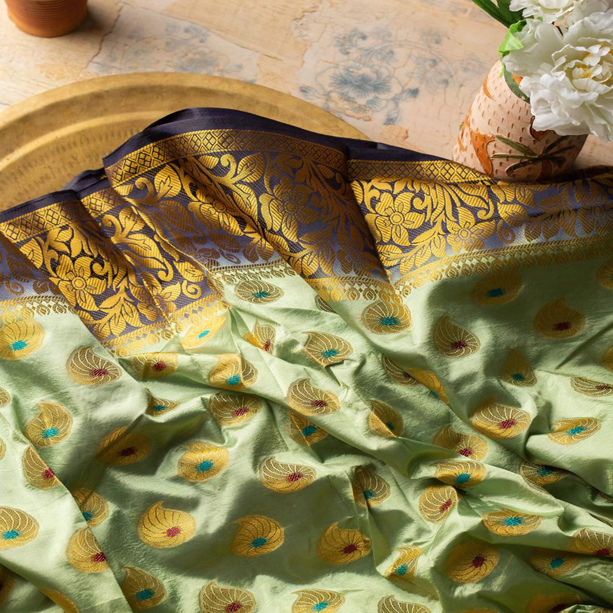 Ethnic Pista Green Colored Festive Wear Woven Art Silk Saree - Peachmode