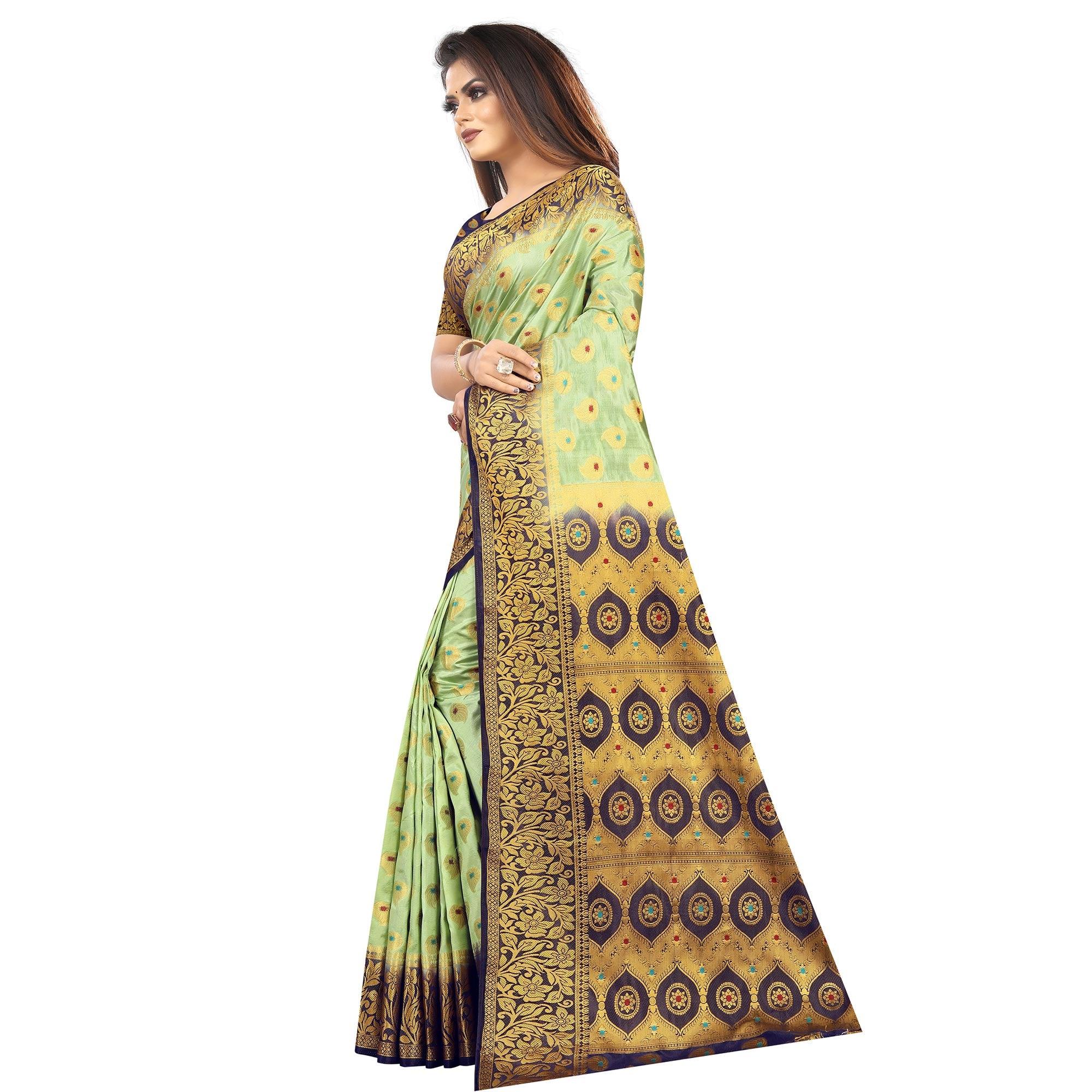 Ethnic Pista Green Colored Festive Wear Woven Art Silk Saree - Peachmode