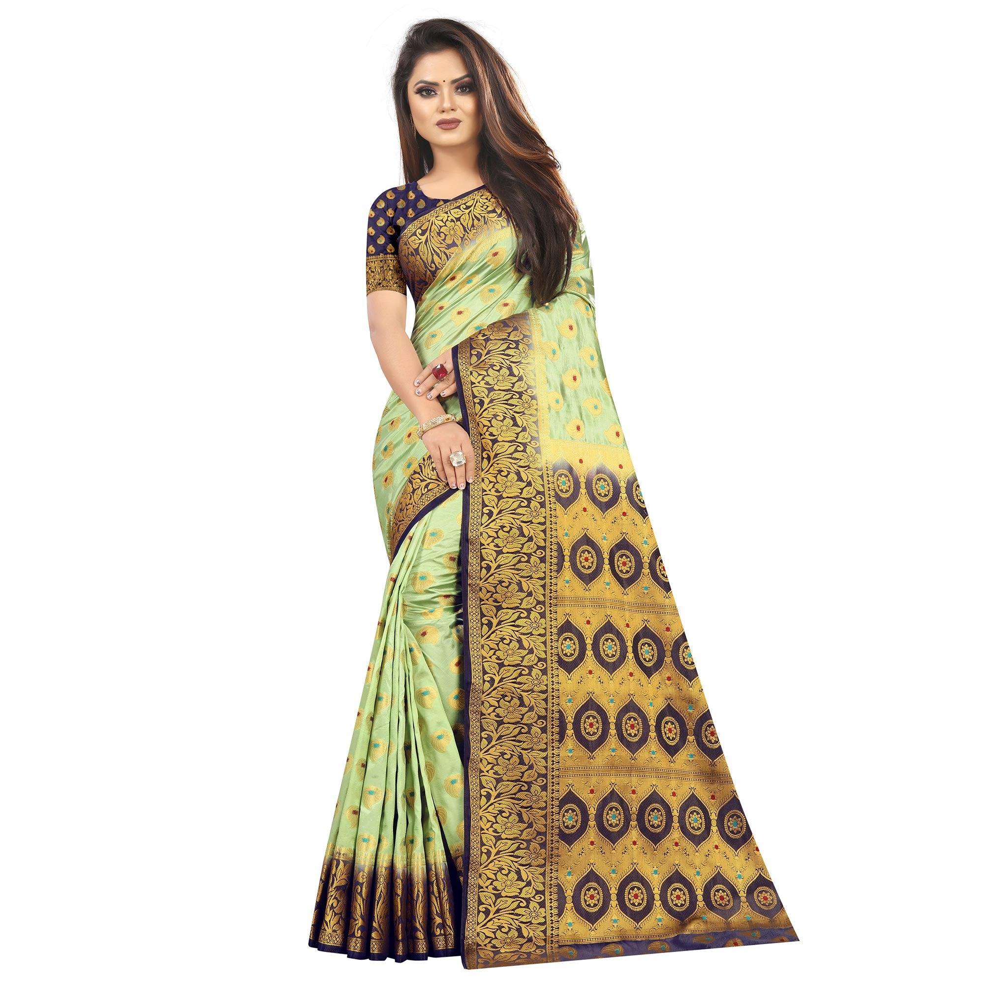 Ethnic Pista Green Colored Festive Wear Woven Art Silk Saree - Peachmode