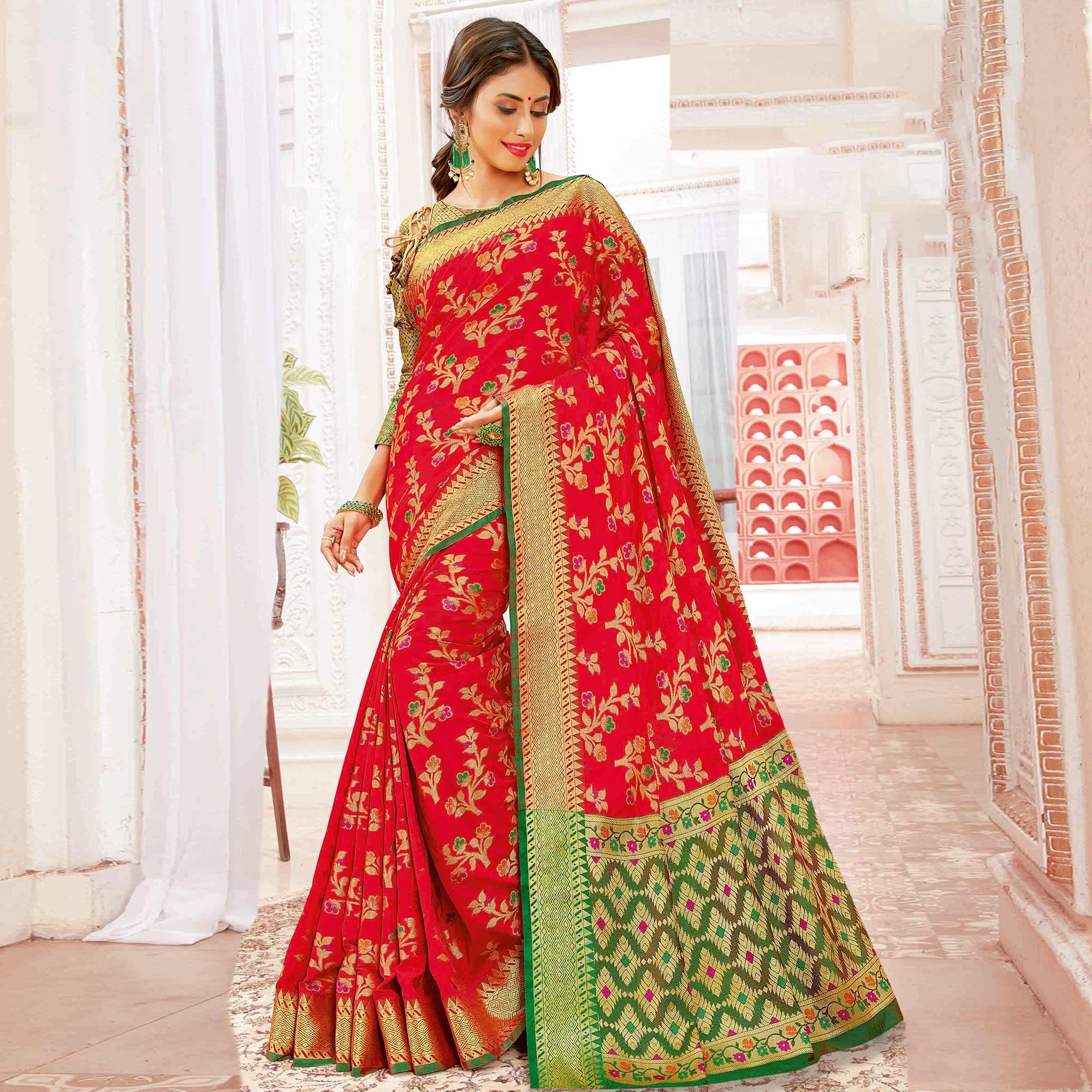 Ethnic Red Colored Festive Wear Woven Banarasi Silk Saree - Peachmode
