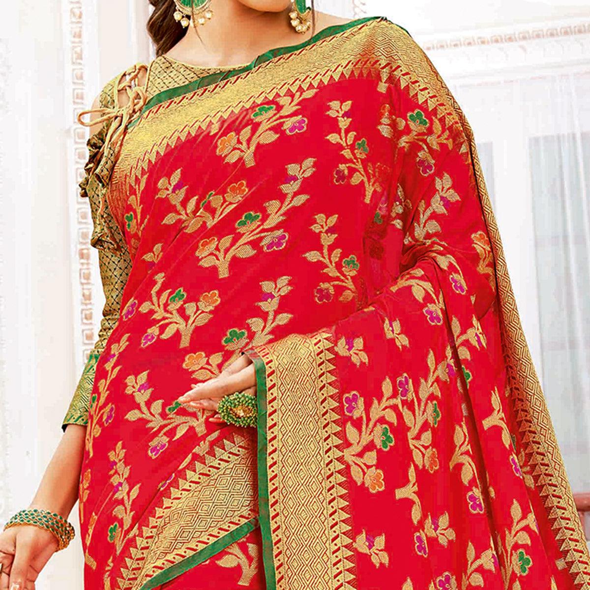 Ethnic Red Colored Festive Wear Woven Banarasi Silk Saree - Peachmode