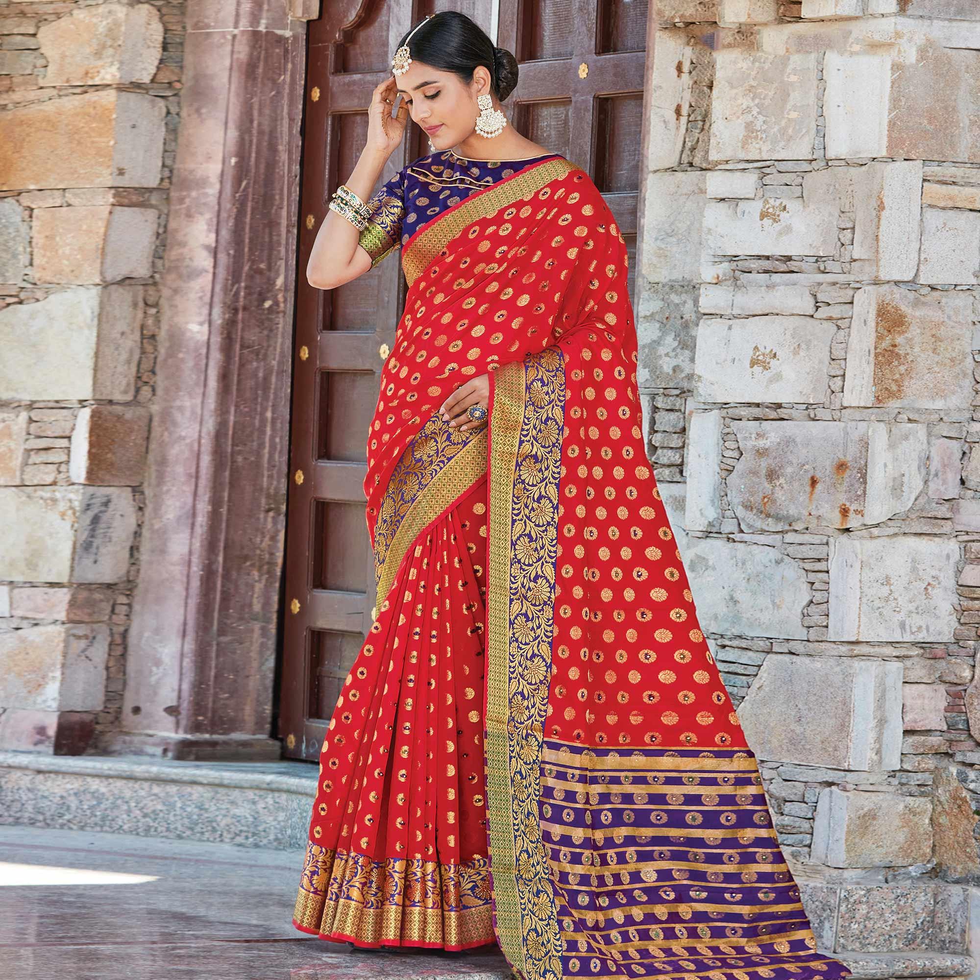 Ethnic Red Colored Festive Wear Woven Handloom Silk Sareee - Peachmode