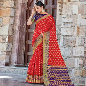 Ethnic Red Colored Festive Wear Woven Handloom Silk Sareee - Peachmode
