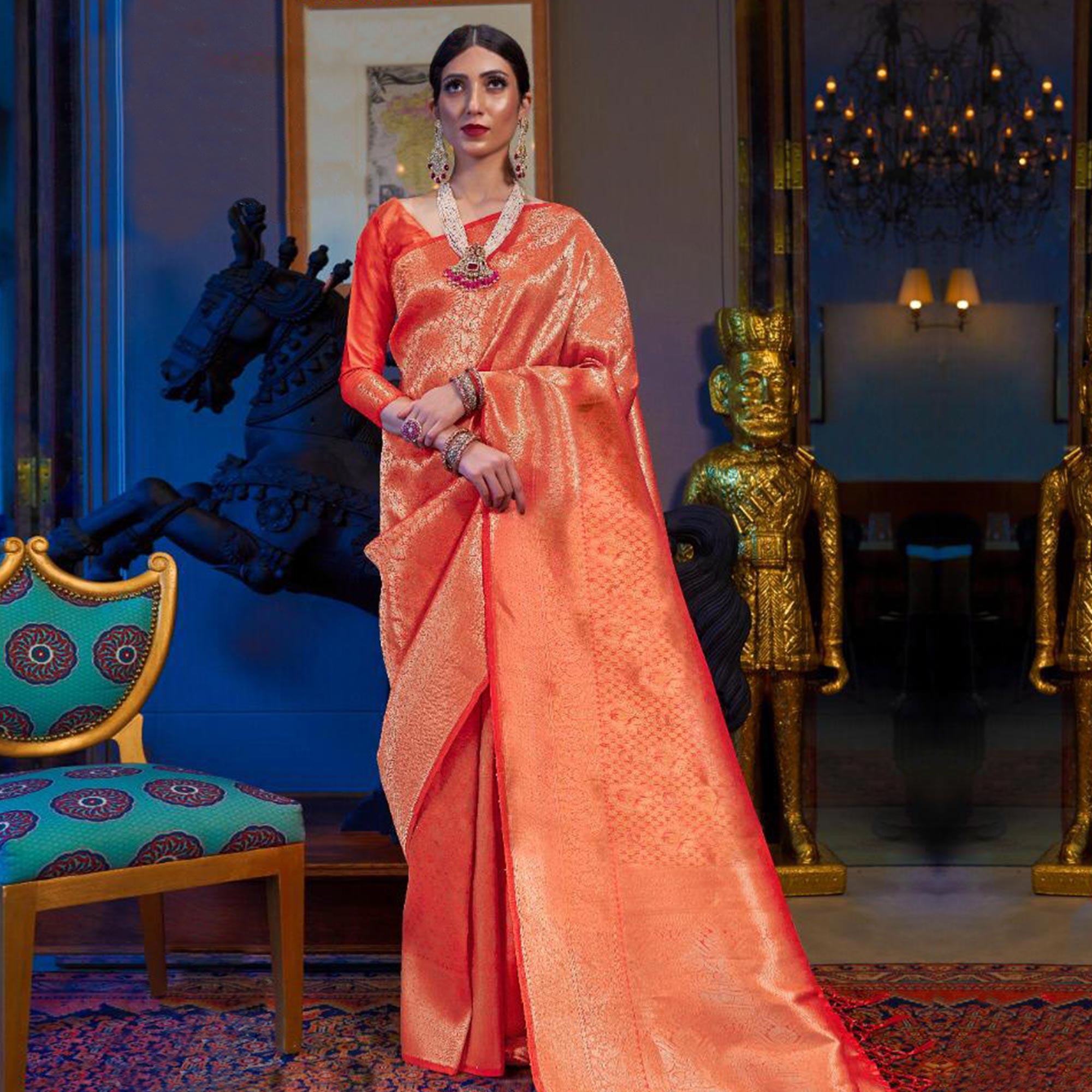 Ethnic Red Colored Festive Wear Woven Silk Saree With Tassels - Peachmode