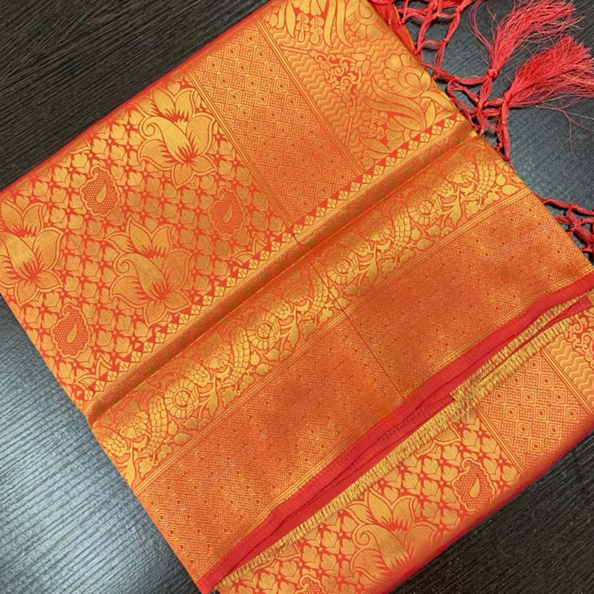 Ethnic Red Colored Festive Wear Woven Silk Saree With Tassels - Peachmode
