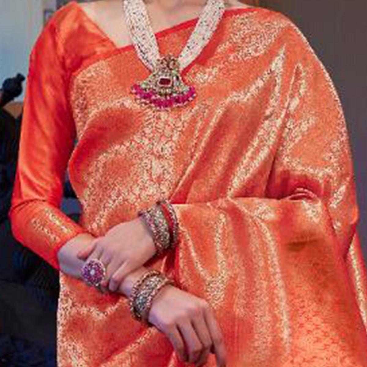 Ethnic Red Colored Festive Wear Woven Silk Saree With Tassels - Peachmode