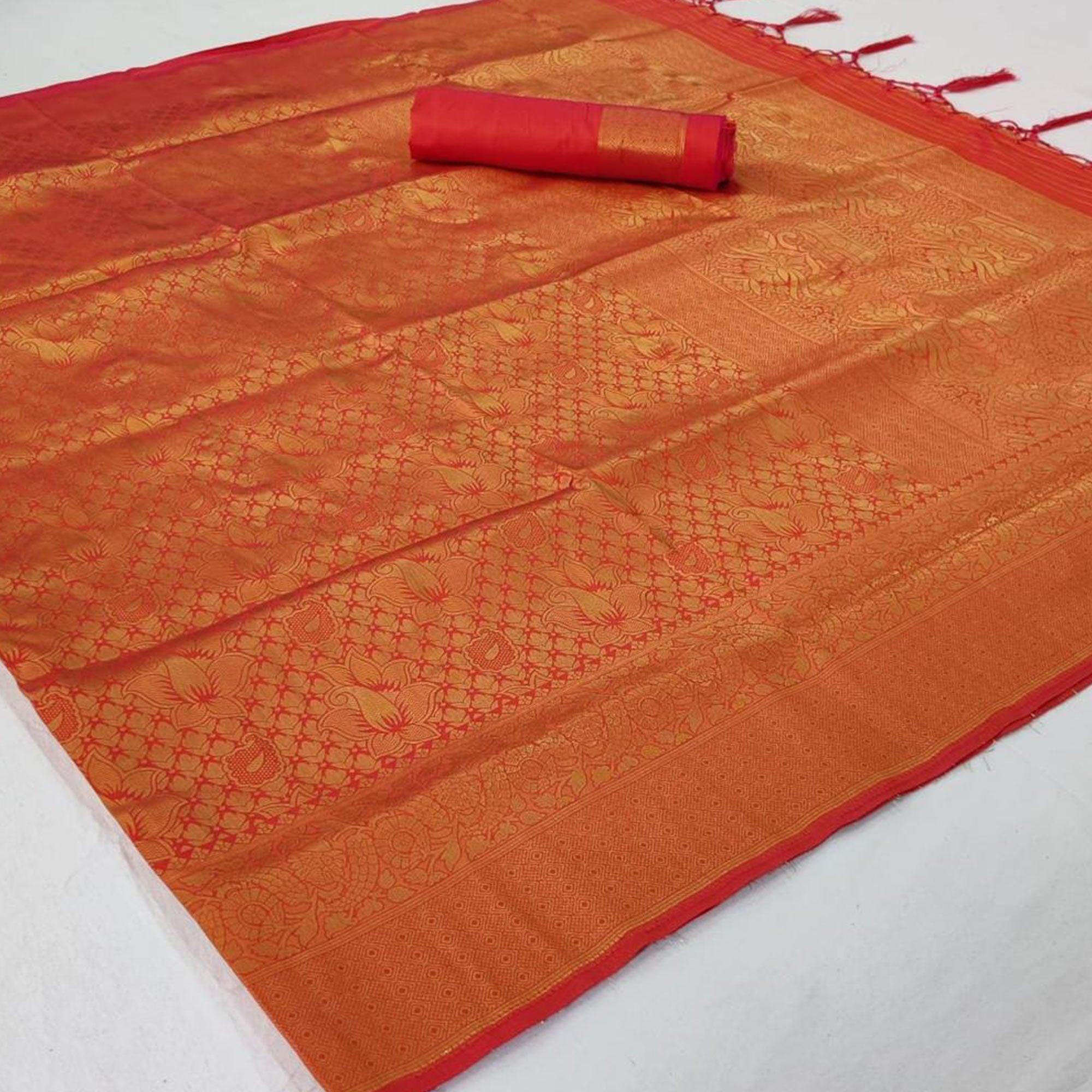 Ethnic Red Colored Festive Wear Woven Silk Saree With Tassels - Peachmode