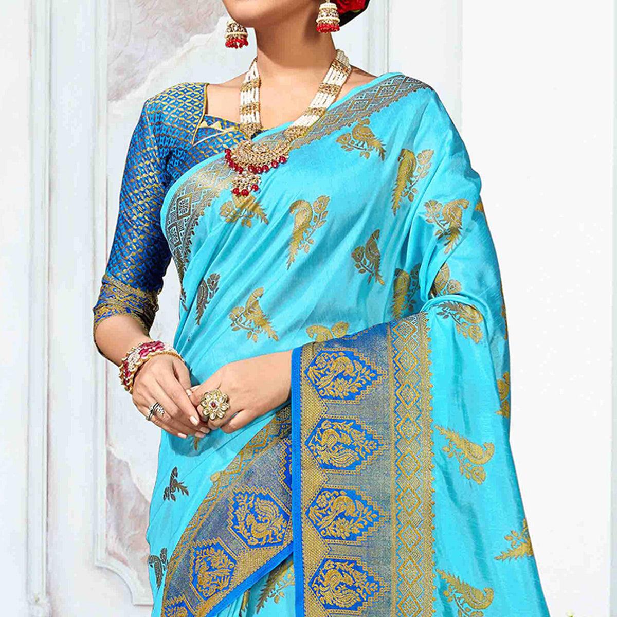 Ethnic Sky Blue Colored Festive Wear Woven Nylon Silk Saree - Peachmode