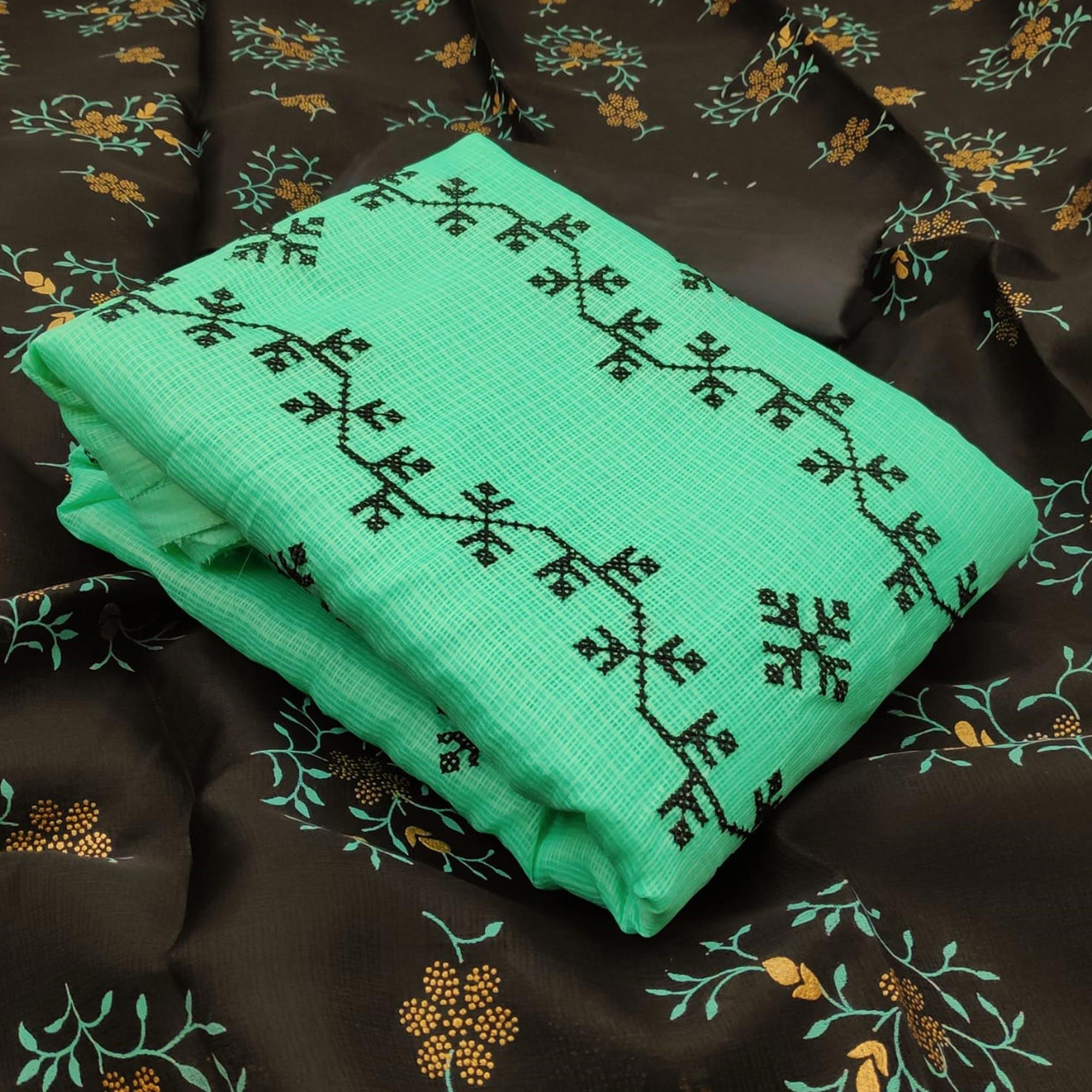 Ethnic Turquoise Green Colored Casual Wear Embroidered Kota Silk Dress Material - Peachmode