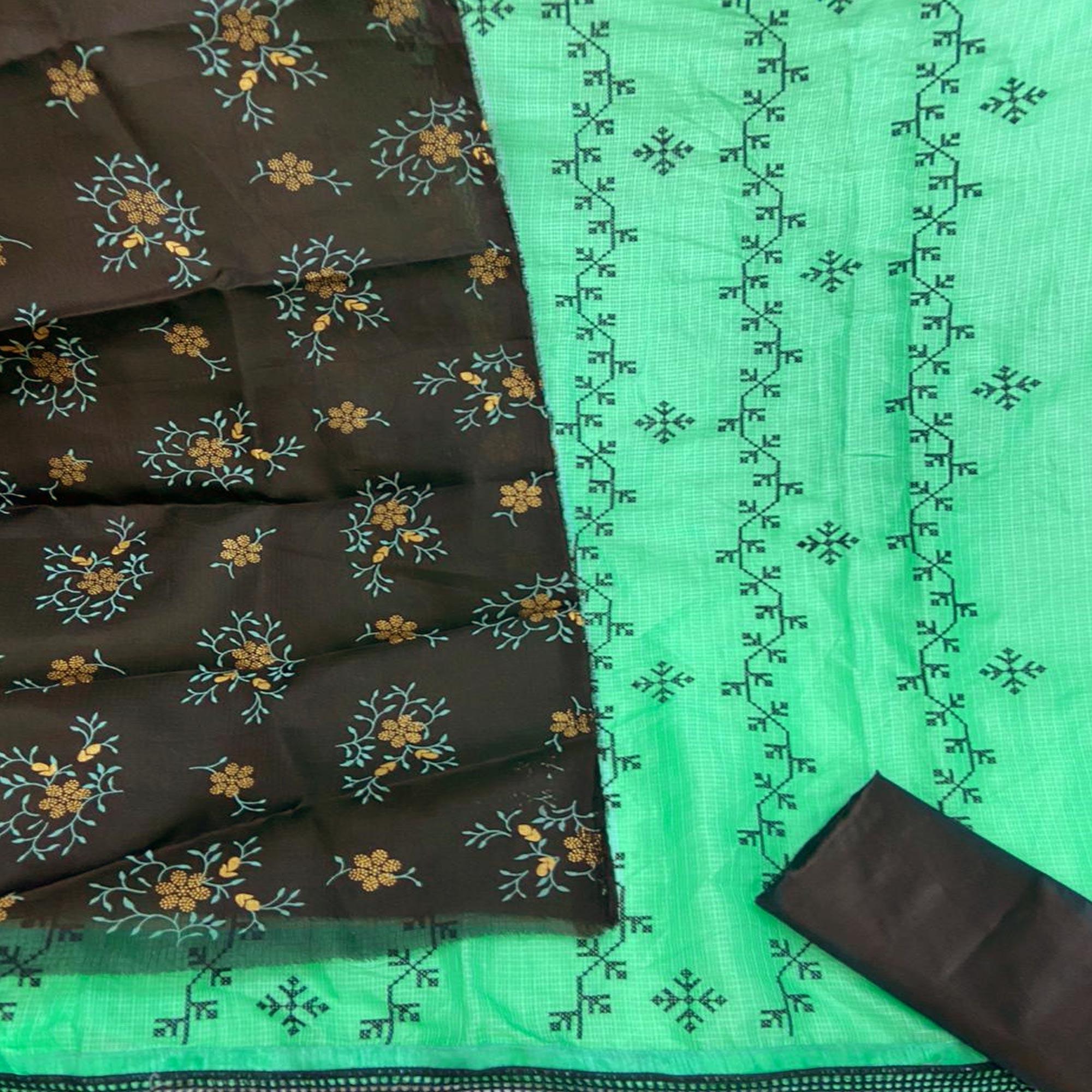 Ethnic Turquoise Green Colored Casual Wear Embroidered Kota Silk Dress Material - Peachmode