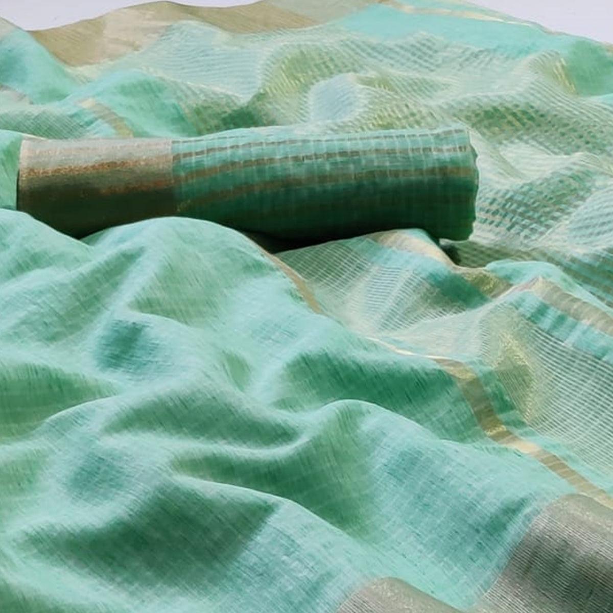 Ethnic Turquoise Green Colored Festive Wear Woven Linen Saree - Peachmode