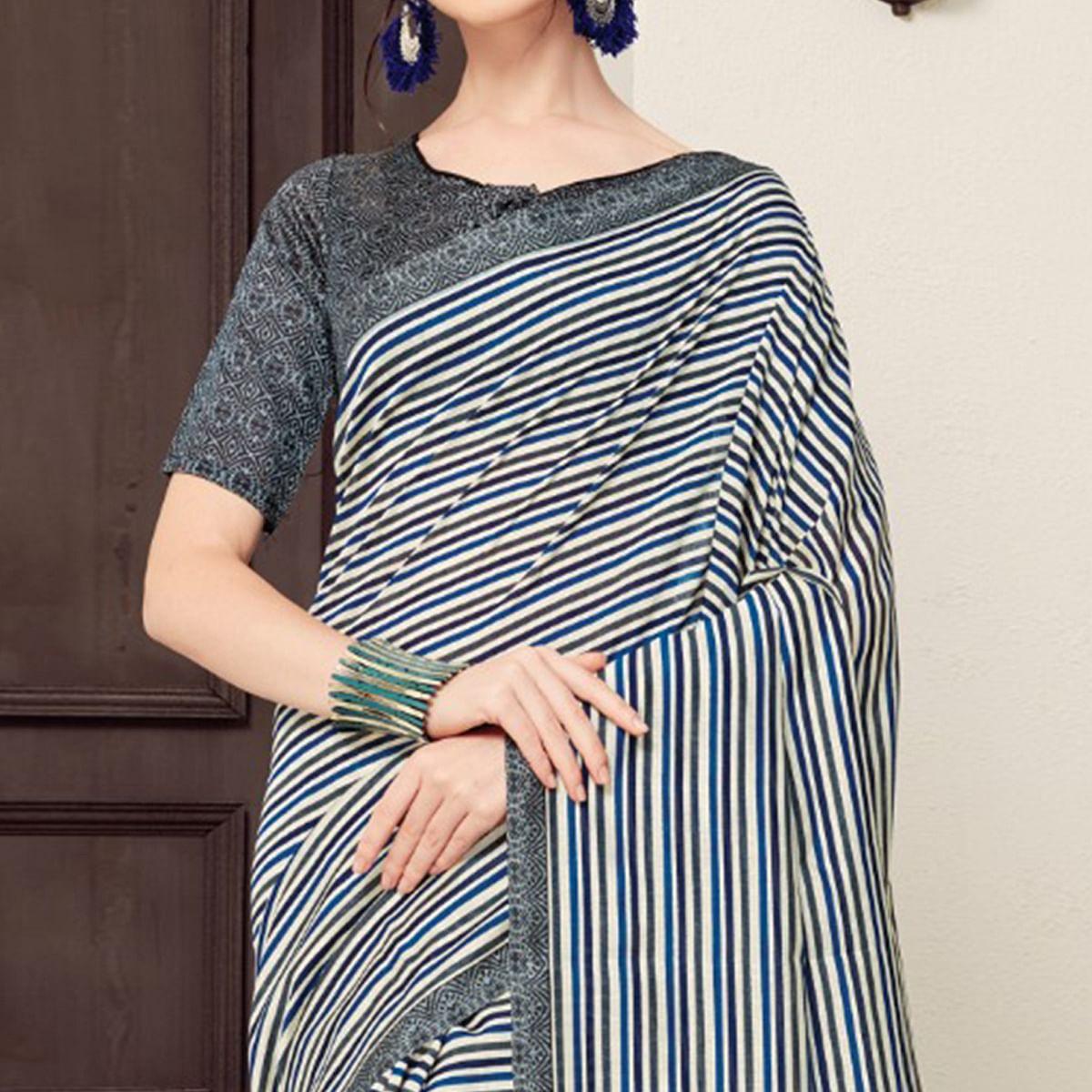 Ethnic White-Navy Blue Colored Casual Printed Bhagalpuri Silk Saree - Peachmode