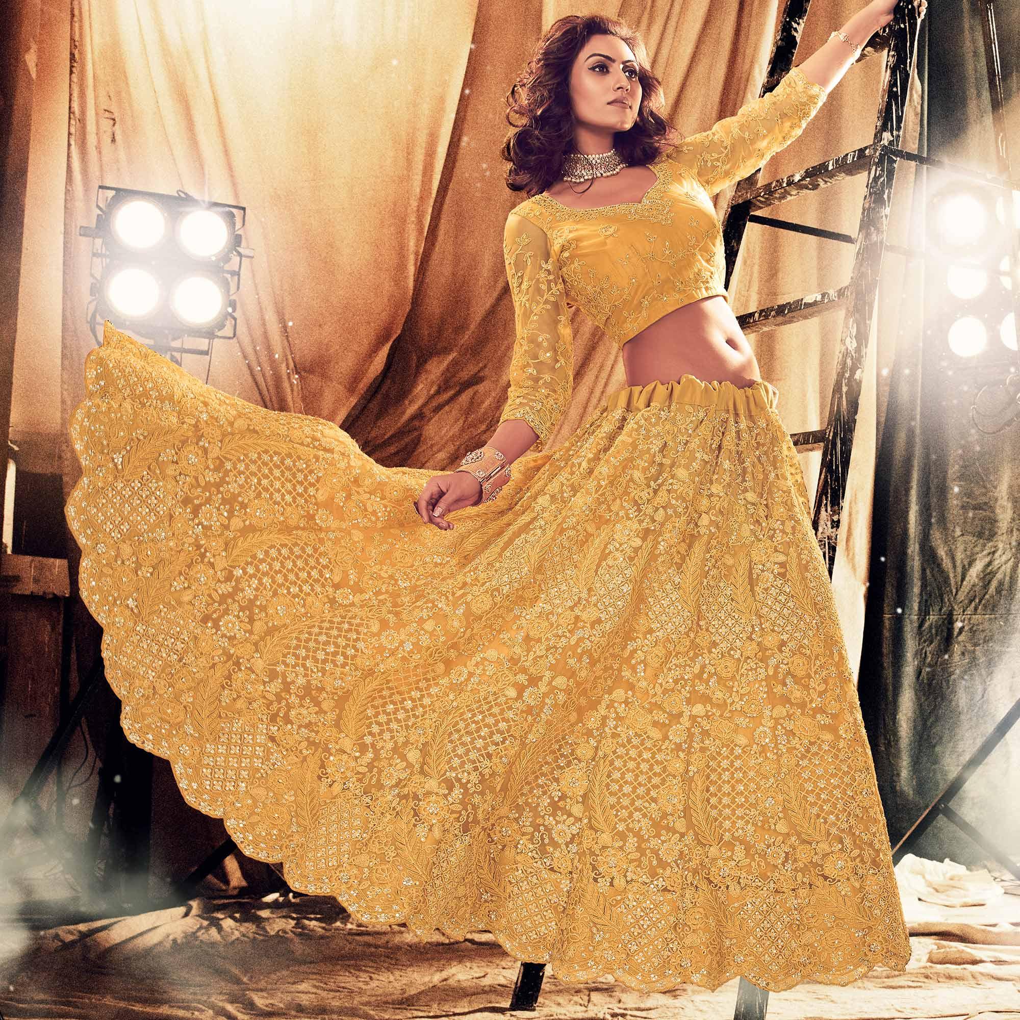 Ethnic Yellow Colored Wedding Wear Embroidered Net Lehenga Choli - Peachmode