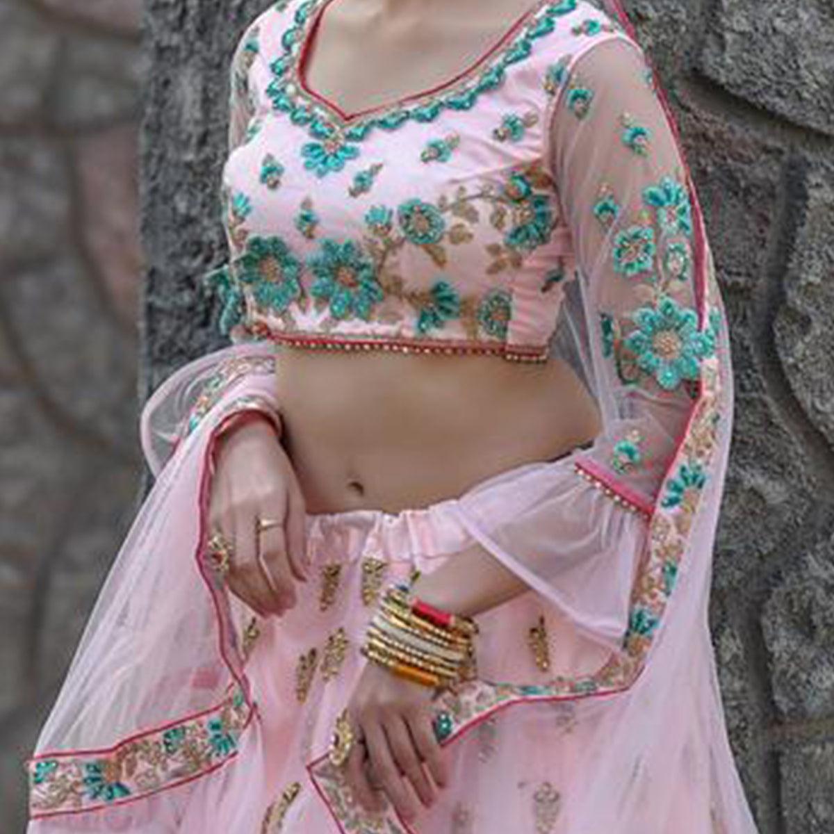 Excellent Baby Pink Colored Party Wear Embroidered Net Lehenga Choli - Peachmode
