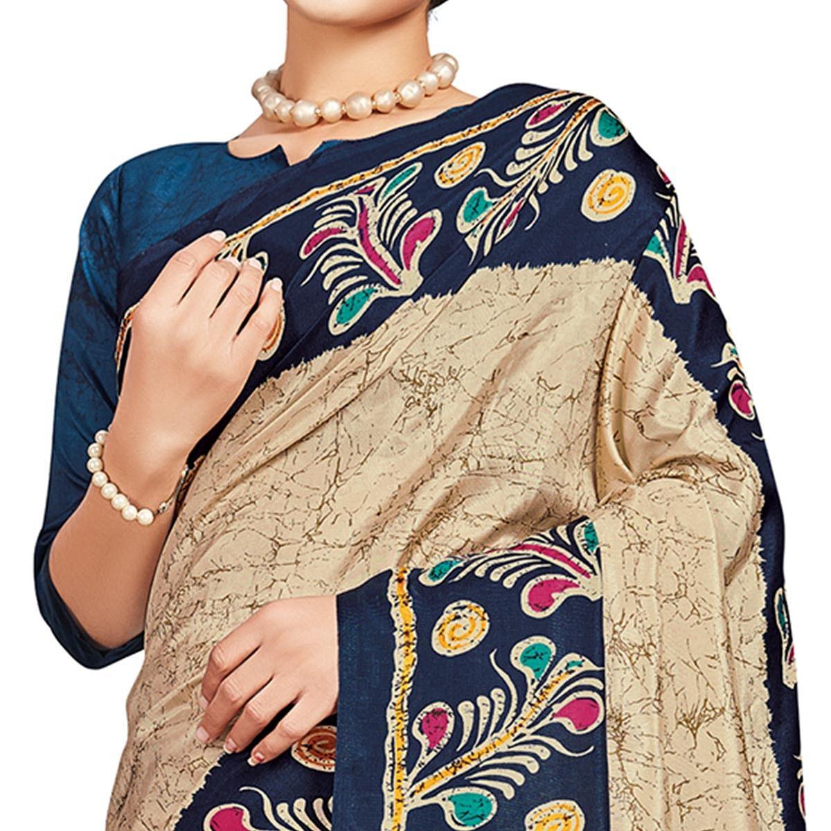 Excellent Beige-Blue Colored Casual Printed Tussar Silk Saree - Peachmode