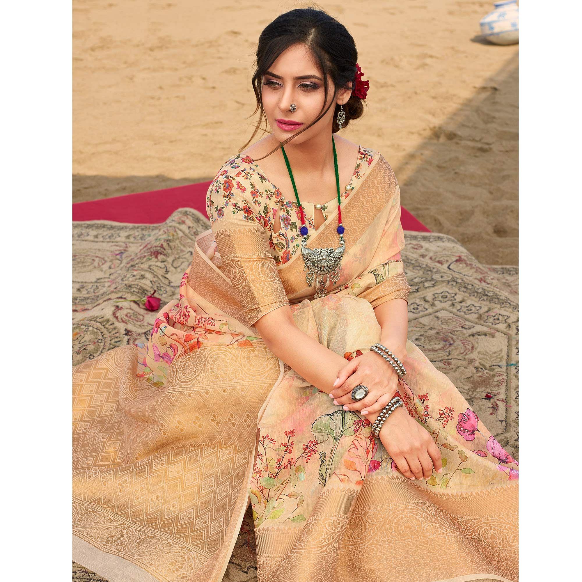 Excellent Beige Colored Festive Wear Digital Floral Printed Linen Saree - Peachmode