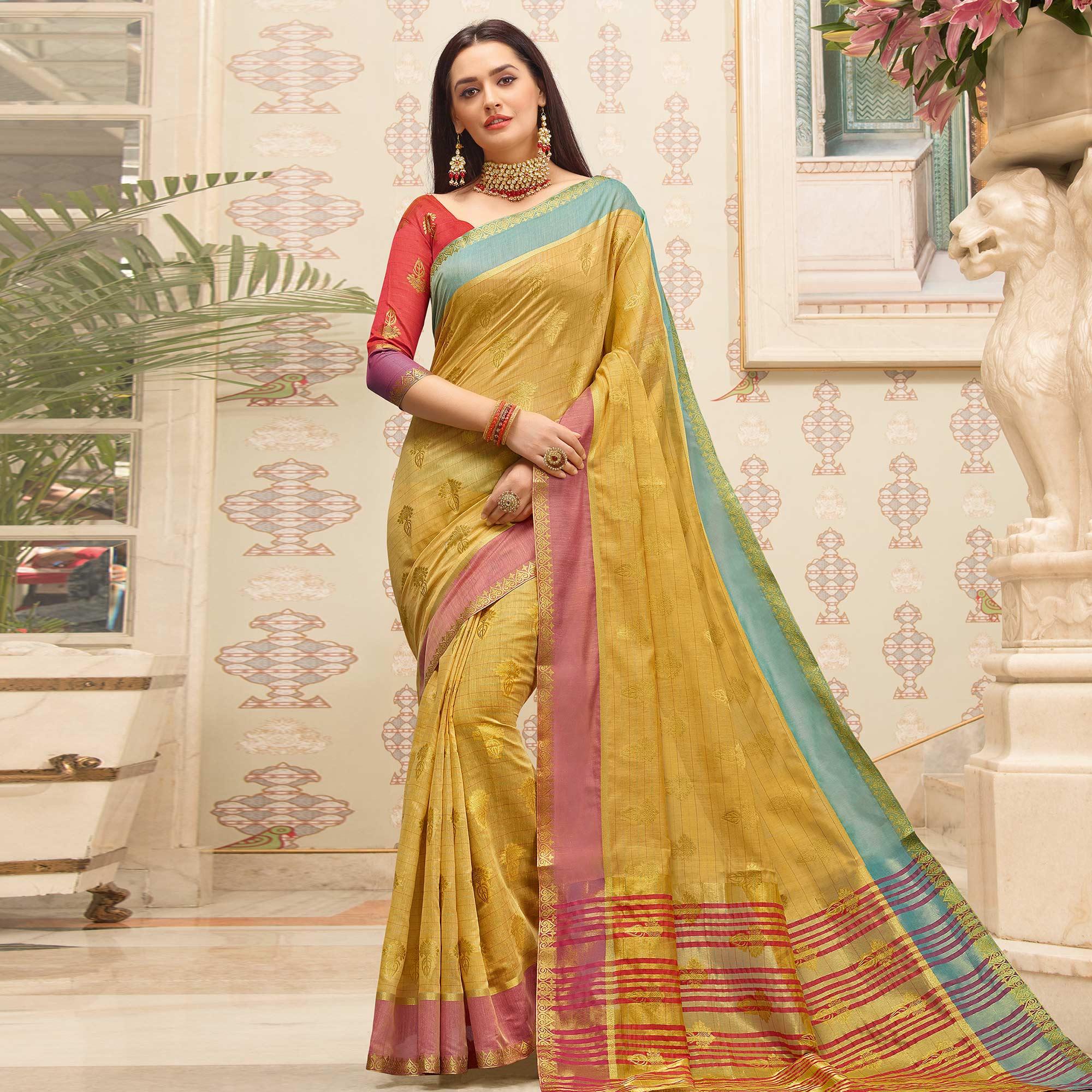 Excellent Beige Colored Festive Wear Woven Cotton Handloom Saree - Peachmode