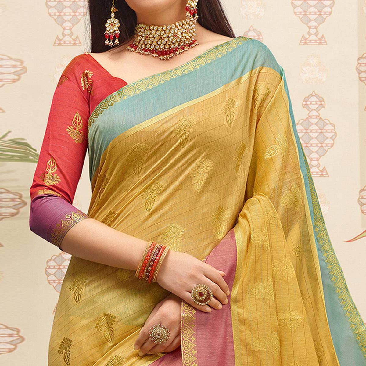 Excellent Beige Colored Festive Wear Woven Cotton Handloom Saree - Peachmode