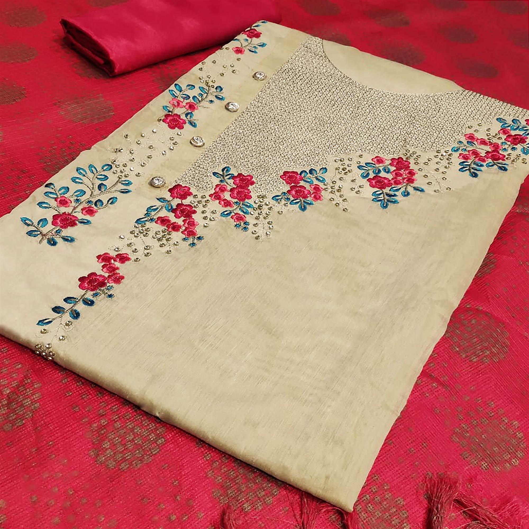 Excellent Beige-Red Colored Casual Embroidered Modal Silk Dress Material - Peachmode