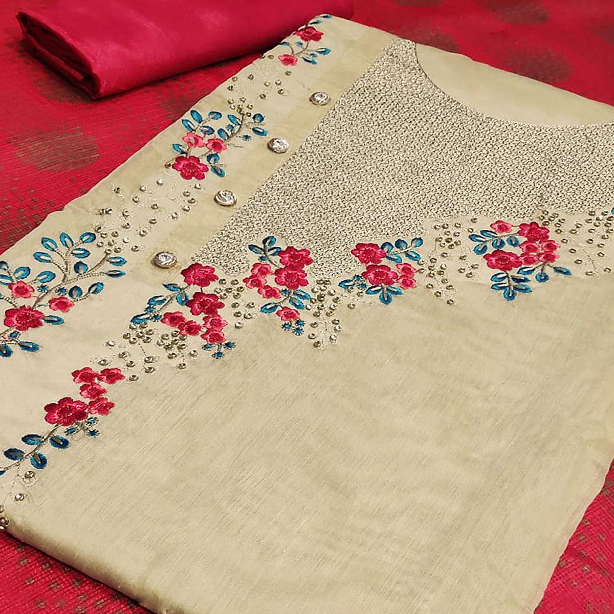 Excellent Beige-Red Colored Casual Embroidered Modal Silk Dress Material - Peachmode
