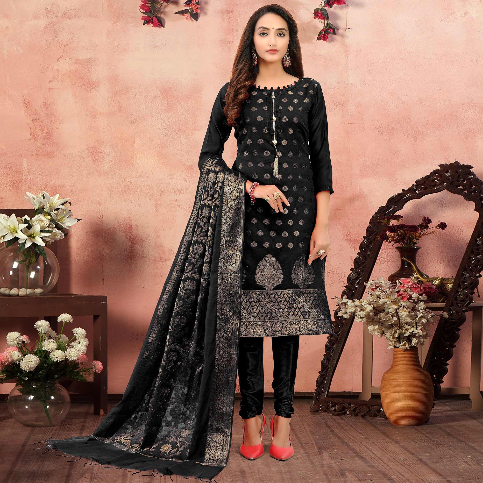 Excellent Black Colored Festive Wear Woven Banarasi Silk Dress Material - Peachmode