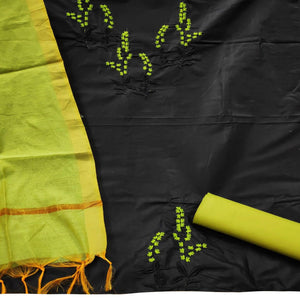 Excellent Black-Green Colored Casual Wear Embroidered Cotton Dress Material - Peachmode