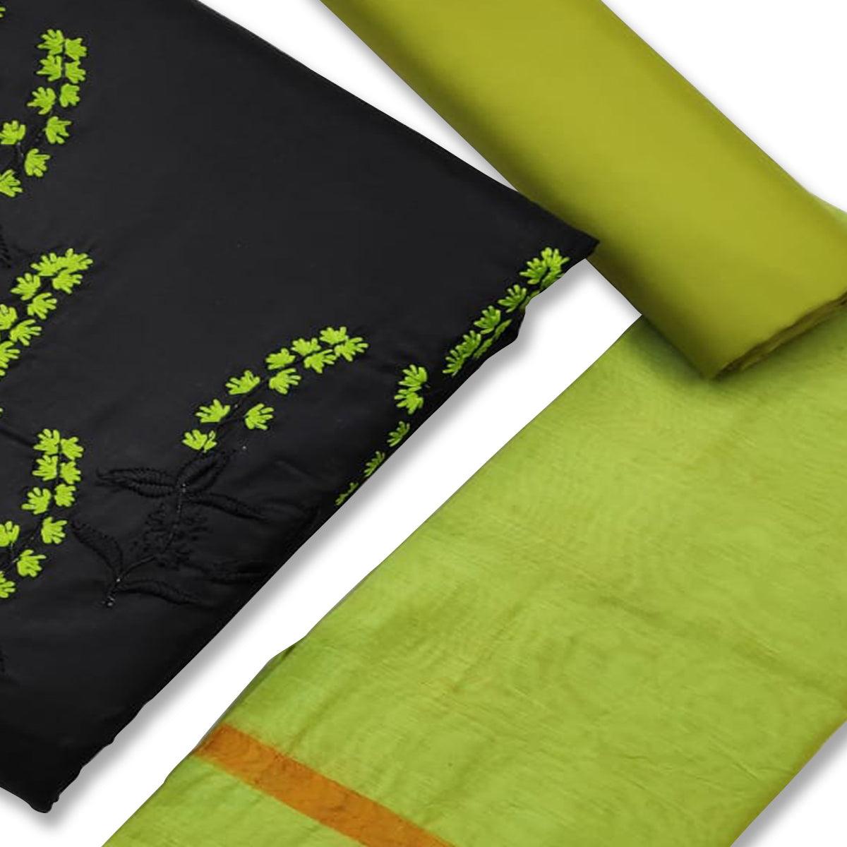 Excellent Black-Green Colored Casual Wear Embroidered Cotton Dress Material - Peachmode