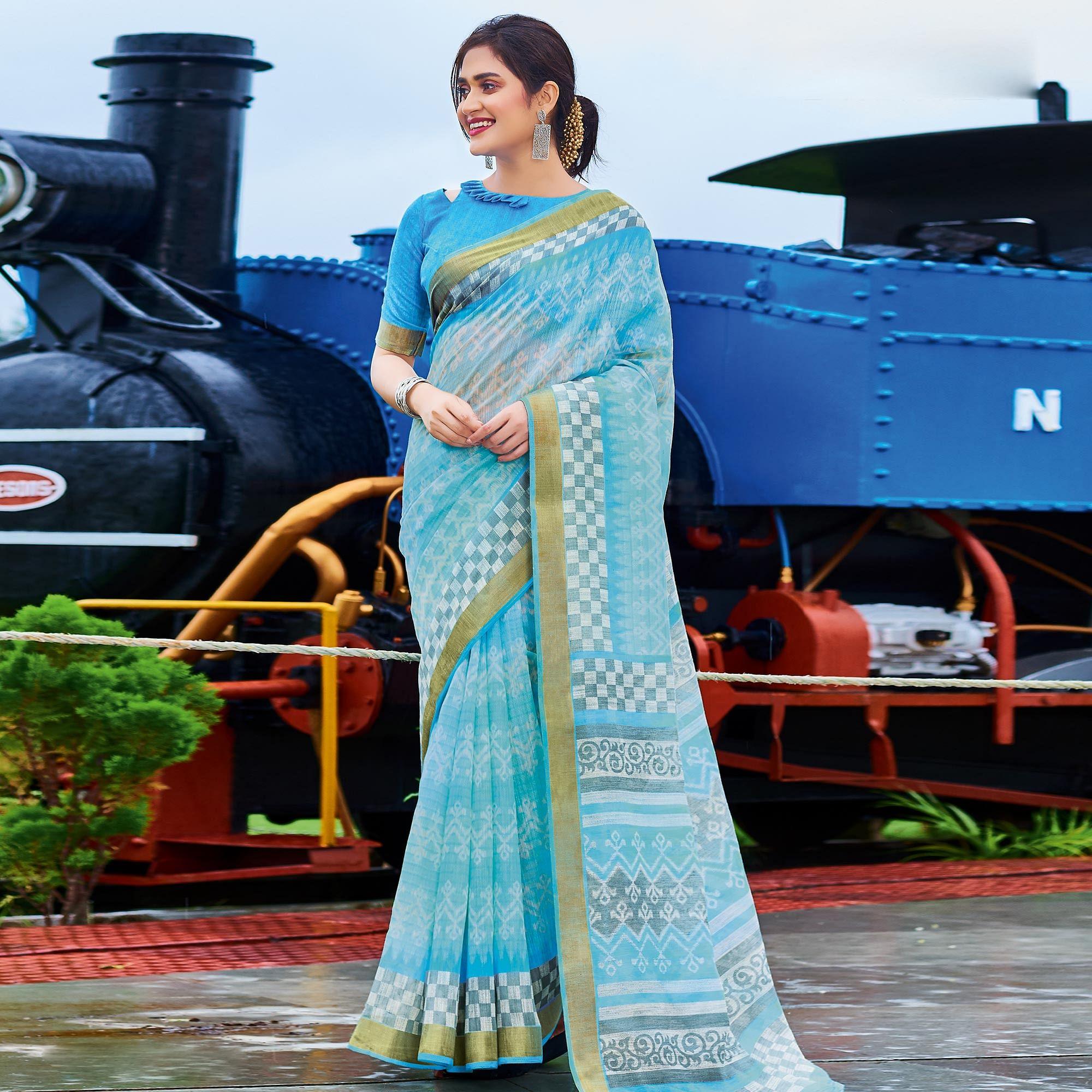 Excellent Blue Colored Casual Wear Printed Cotton Saree - Peachmode
