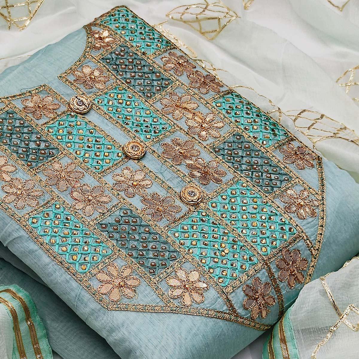 Excellent Blue Colored Festive Wear Embroidered Heavy Modal Silk Dress Material - Peachmode