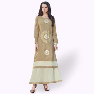 Excellent Dark Beige Colored Partywear Embroidered Rayon Kurti - Peachmode