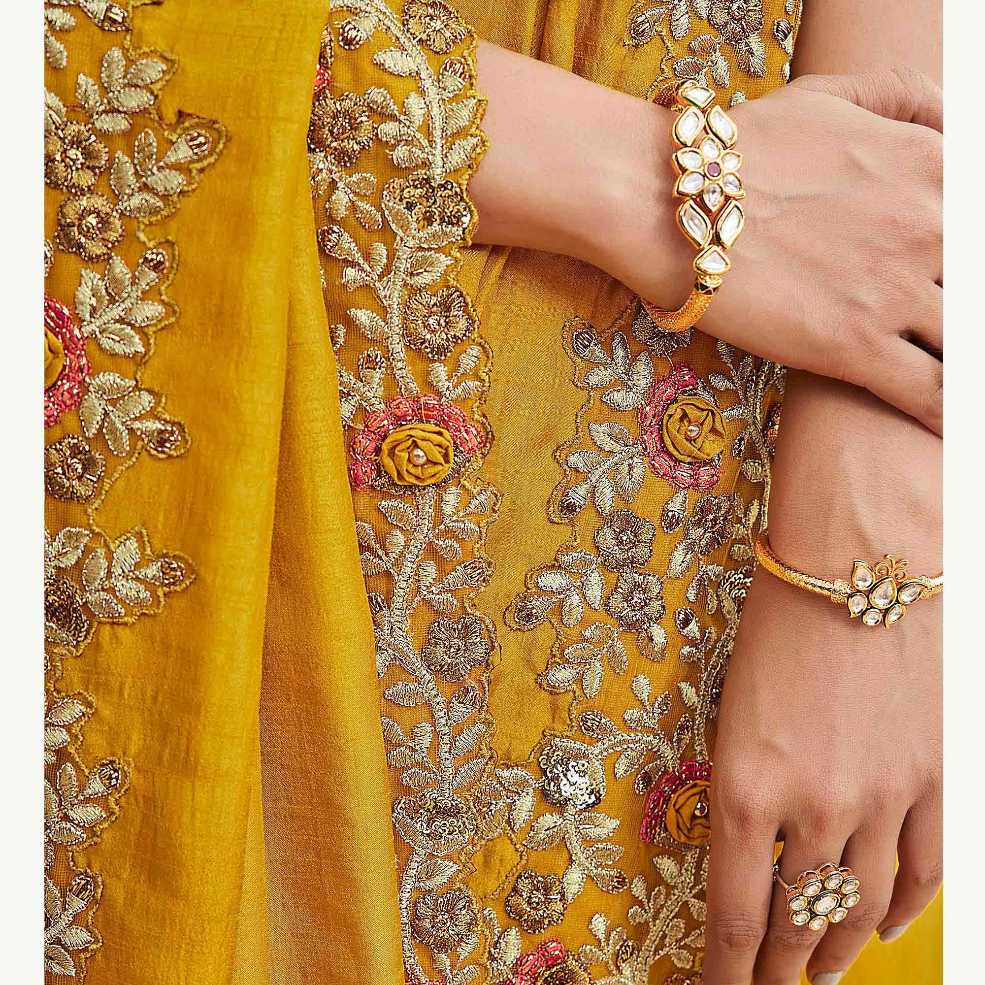 Excellent Mustard Coloured Partywear Embroidered Silk Saree - Peachmode