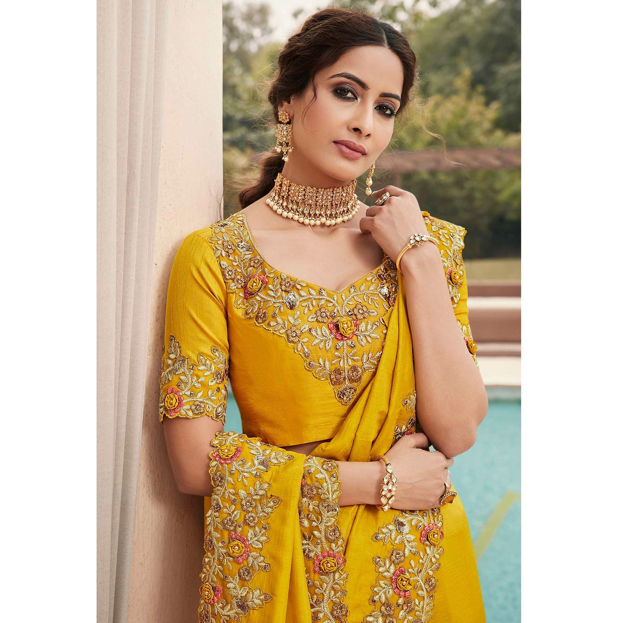 Excellent Mustard Coloured Partywear Embroidered Silk Saree - Peachmode