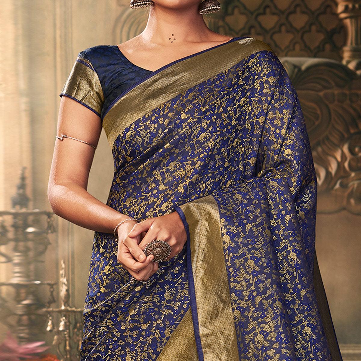 Excellent Navy Blue Colored Festive Wear Woven Banarasi Silk Saree - Peachmode