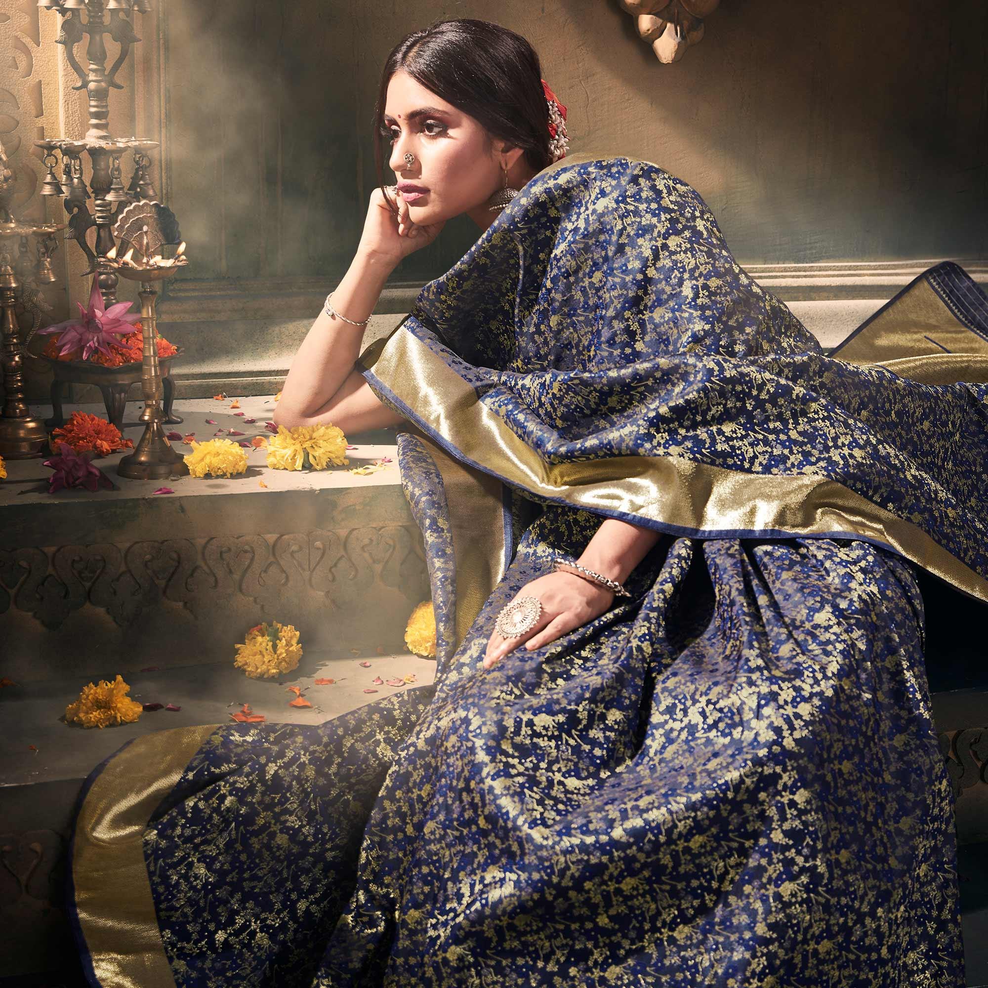 Excellent Navy Blue Colored Festive Wear Woven Banarasi Silk Saree - Peachmode
