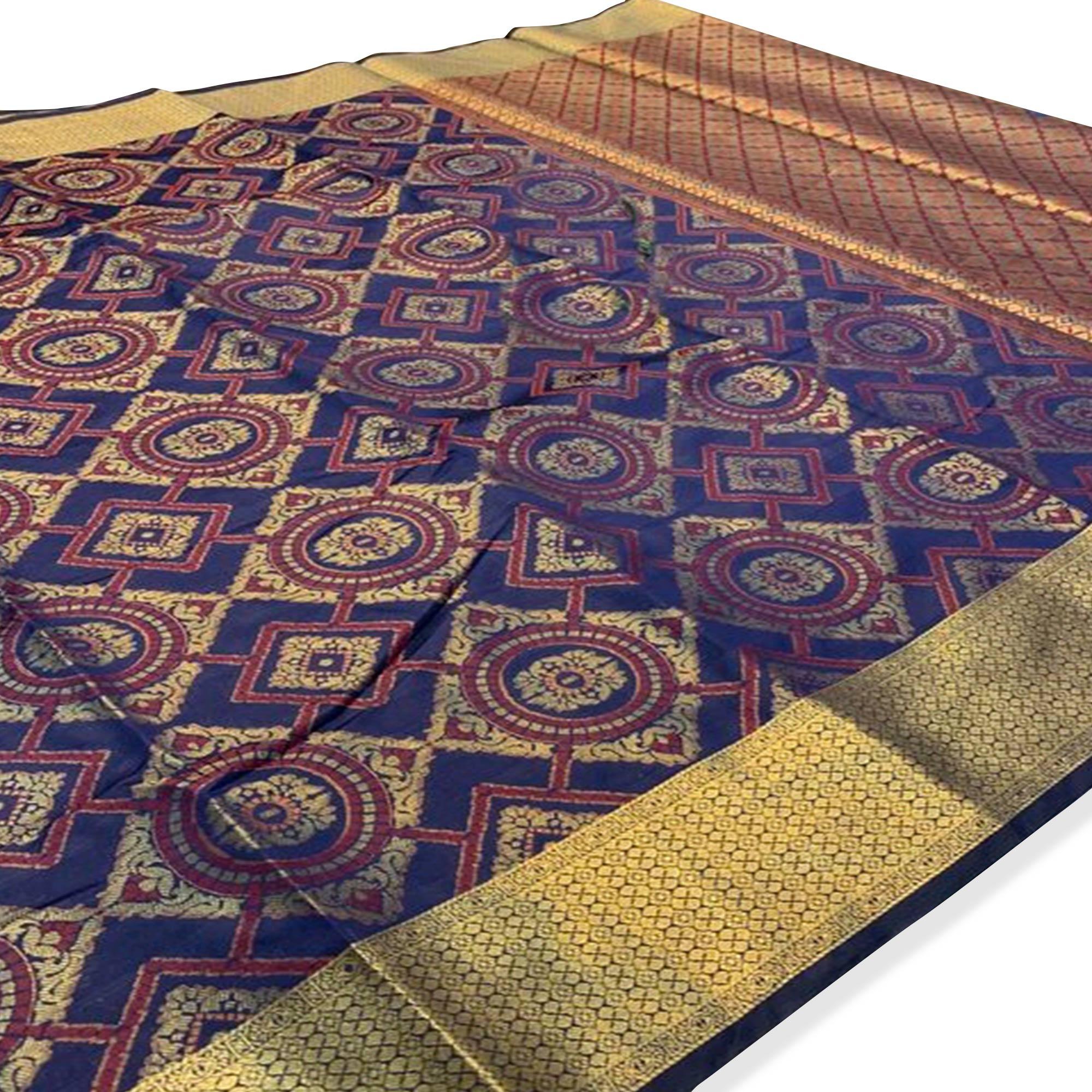 Excellent Navy Blue Colored Festive Wear Woven Silk Saree - Peachmode