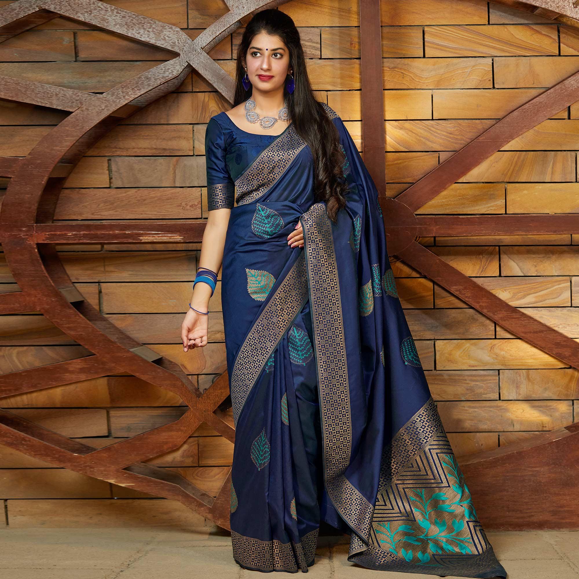 Excellent Navy Blue Colored Festive Wear Woven Soft Silk Saree - Peachmode