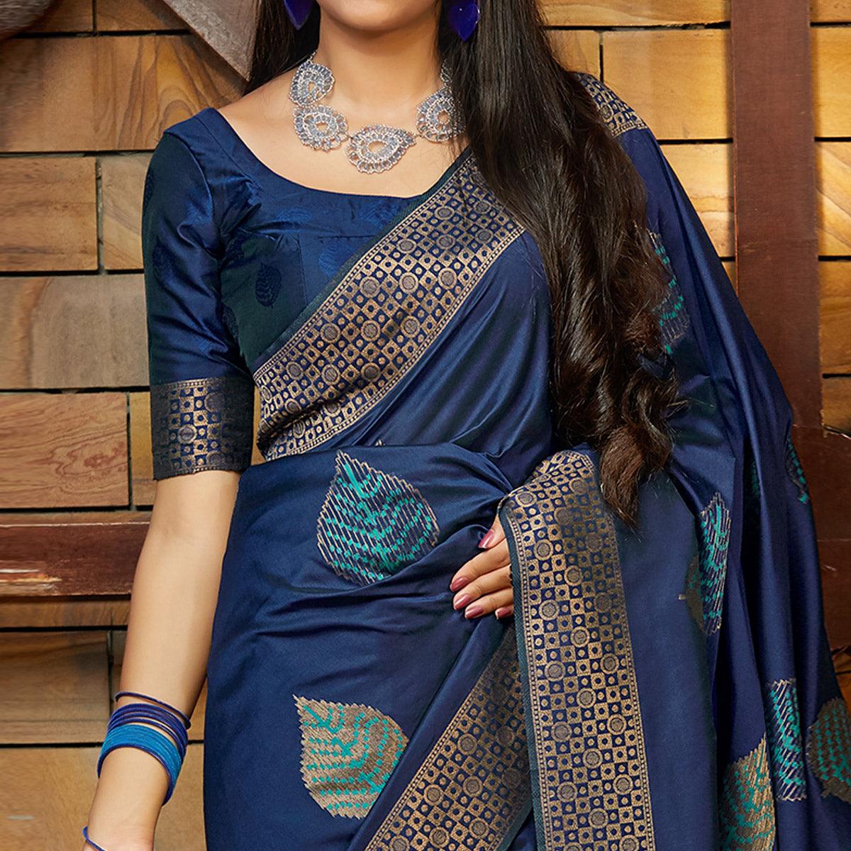 Excellent Navy Blue Colored Festive Wear Woven Soft Silk Saree - Peachmode