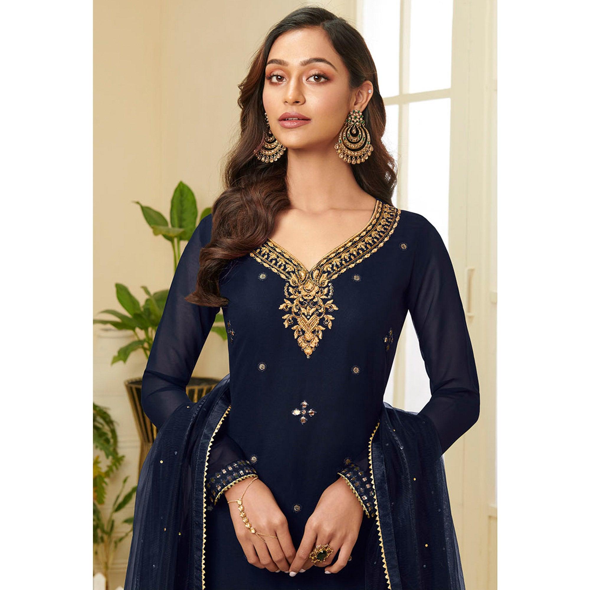 Excellent Navy Blue Coloured Partywear Gota Work Georgette Palazzo Suit - Peachmode