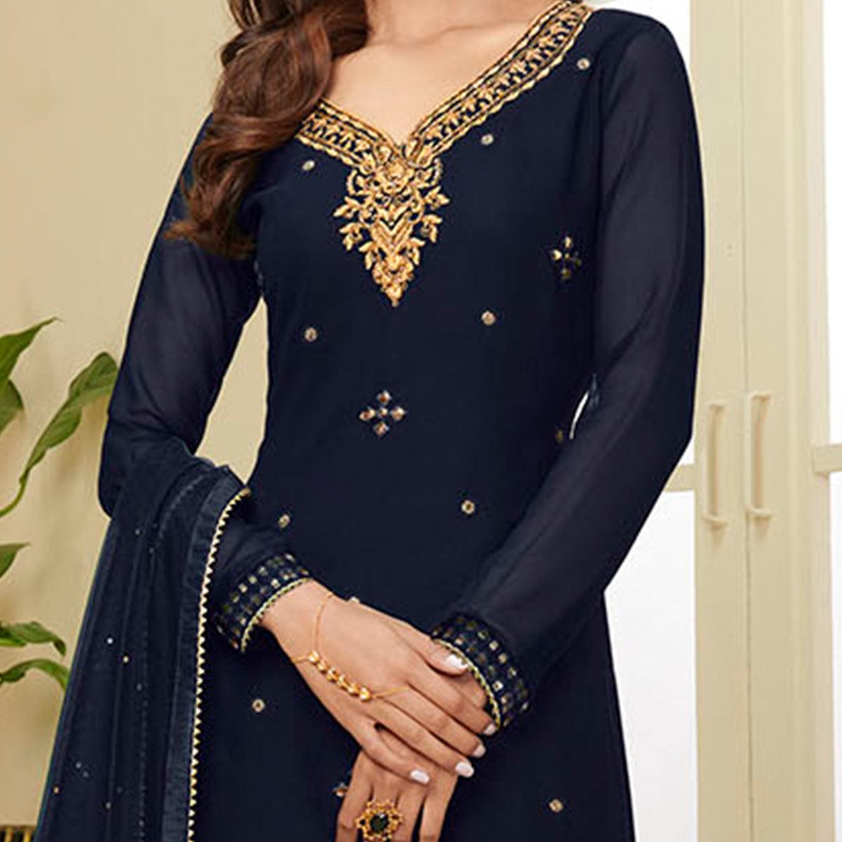 Excellent Navy Blue Coloured Partywear Gota Work Georgette Palazzo Suit - Peachmode