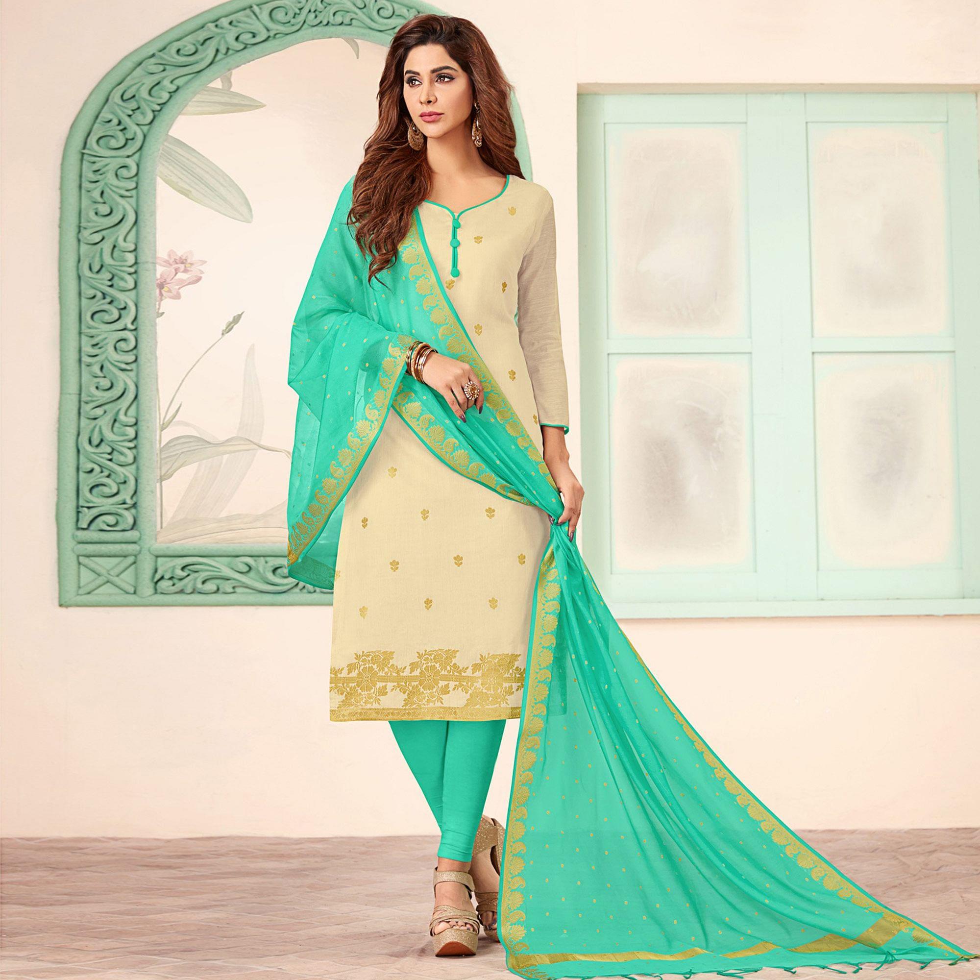 Excellent Off White Colored Casual Wear Woven Banarasi Silk Dress Material - Peachmode