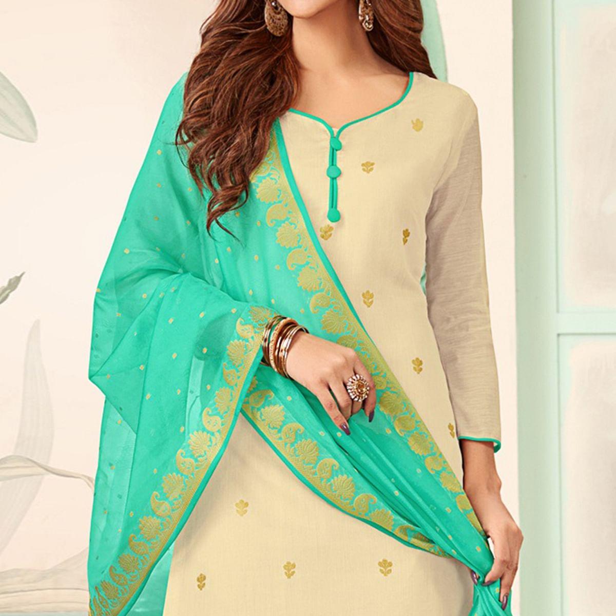 Excellent Off White Colored Casual Wear Woven Banarasi Silk Dress Material - Peachmode
