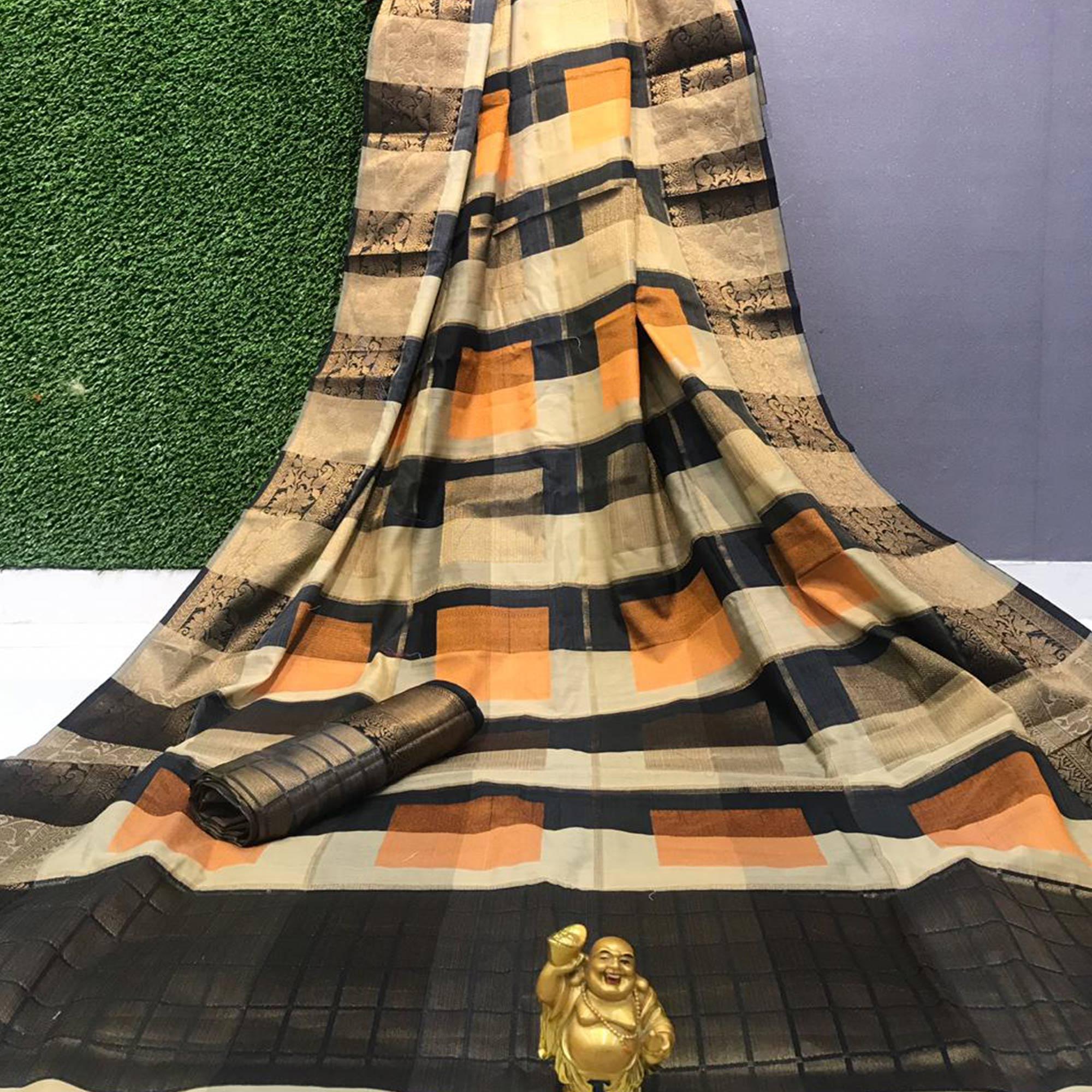 Excellent Orange - Multi Colored Festive Wear Woven Soft Cotton Saree - Peachmode