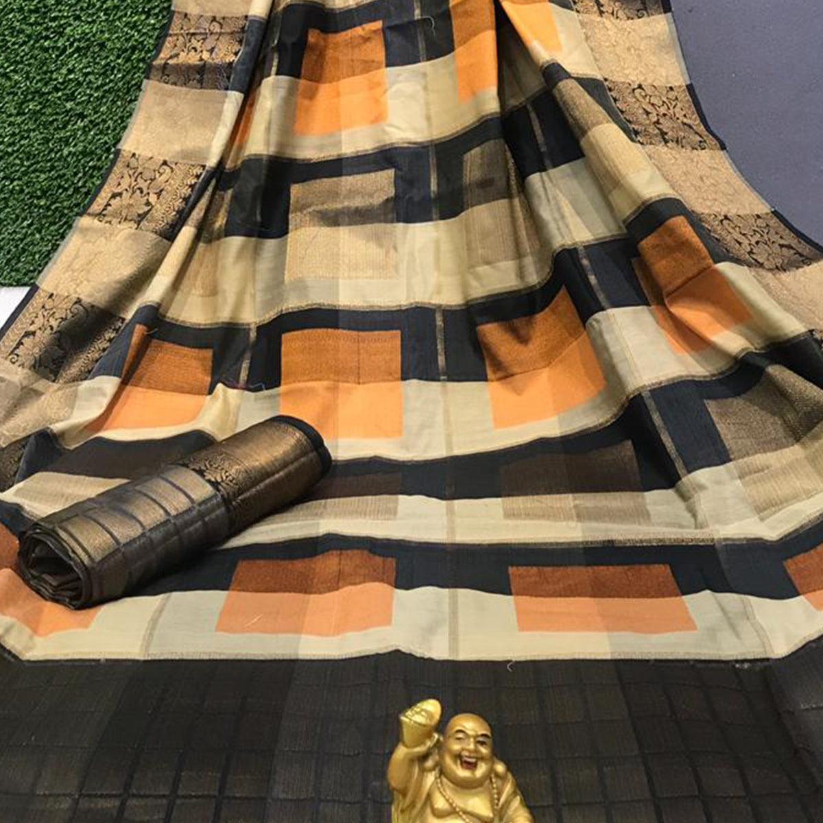 Excellent Orange - Multi Colored Festive Wear Woven Soft Cotton Saree - Peachmode