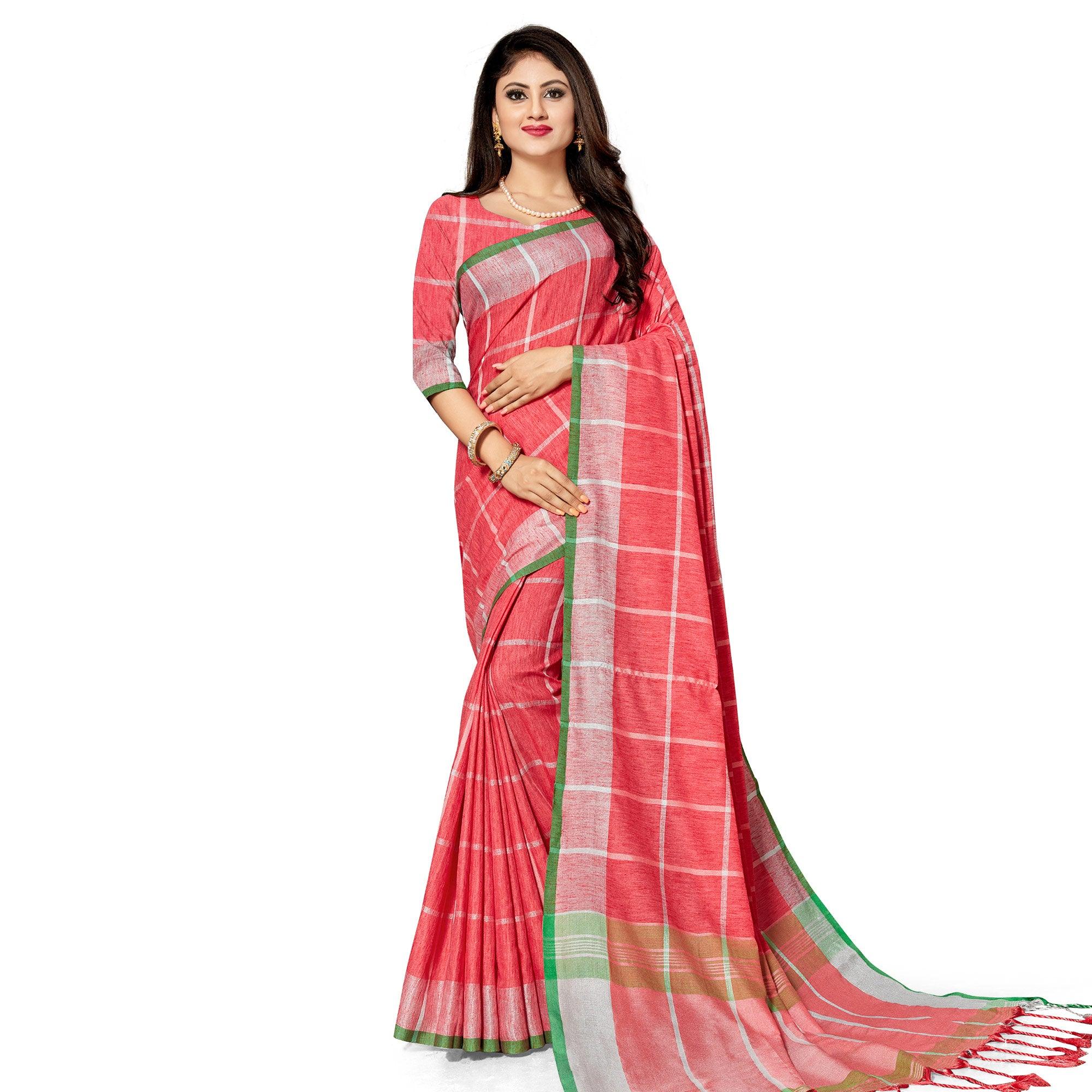 Excellent Peach Colored Fesive Wear Stripe Print Cotton Silk Saree With Tassels - Peachmode