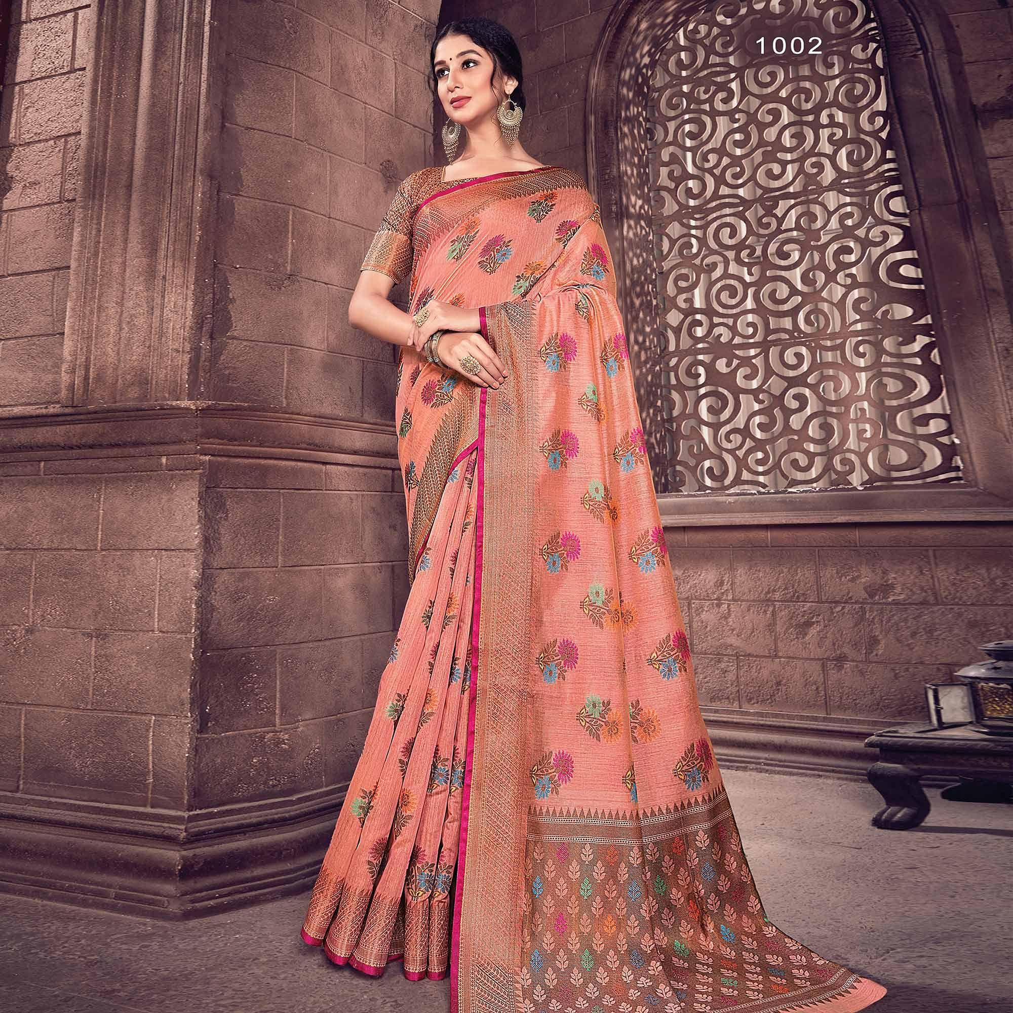 Excellent Peach Colored Festive Wear Woven Handloom Silk Saree - Peachmode