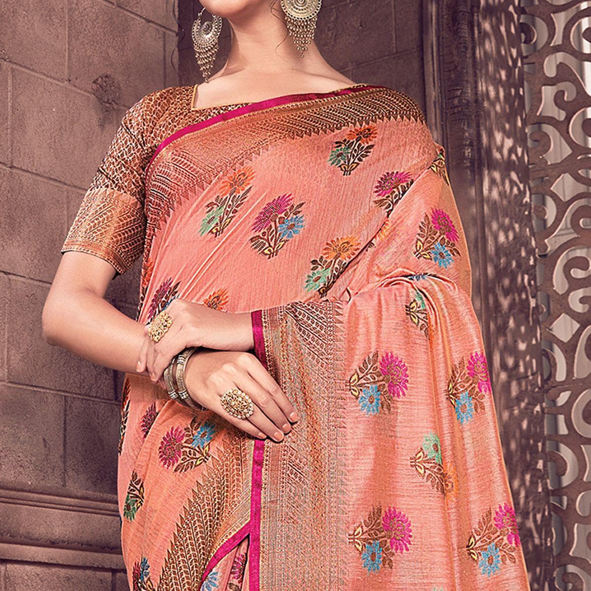 Excellent Peach Colored Festive Wear Woven Handloom Silk Saree - Peachmode