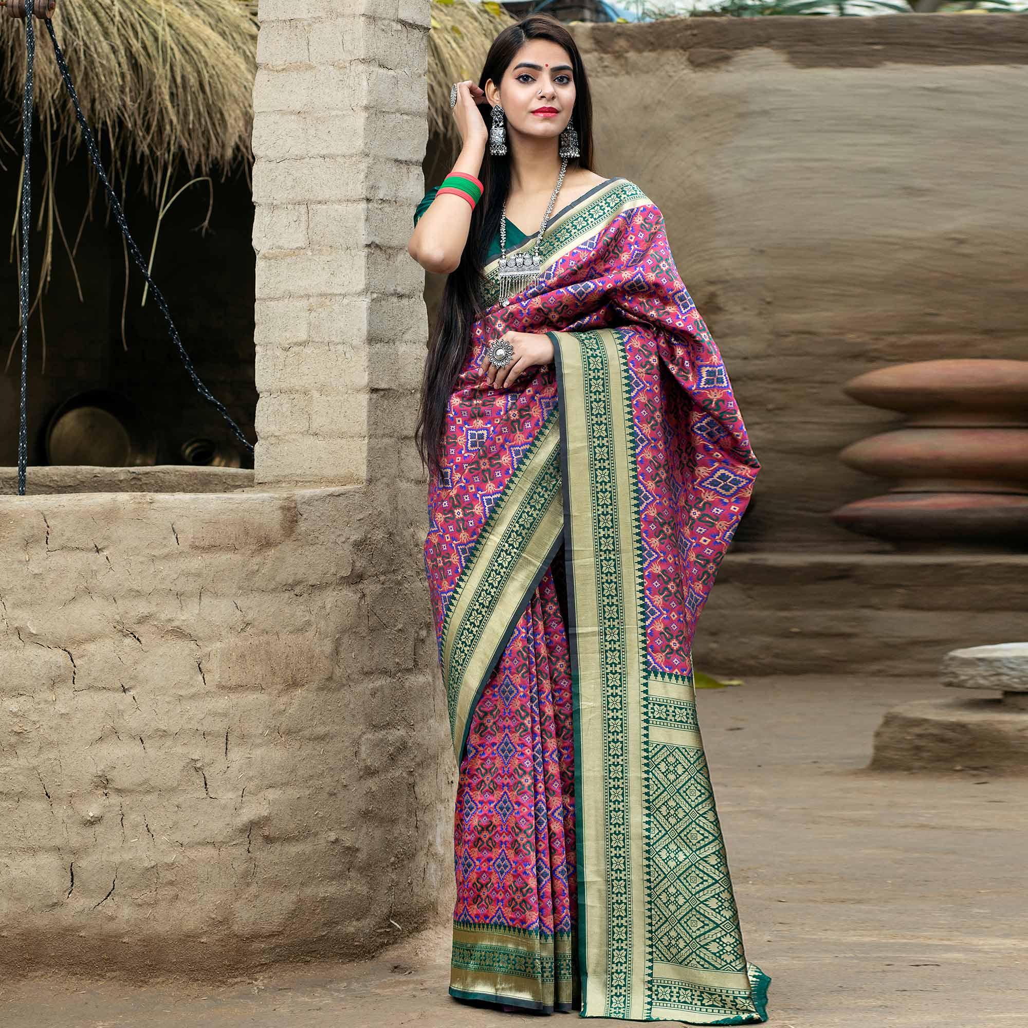 Excellent Rani Pink Colored Festive Wear Woven Banarasi Silk Saree - Peachmode