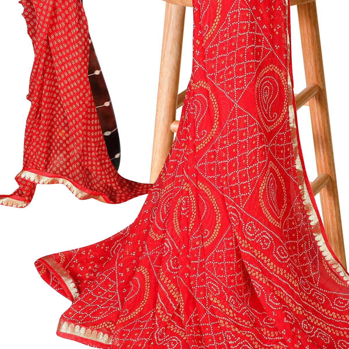Excellent Red Colored Casual Bandhani Printed Georgette Saree - Peachmode