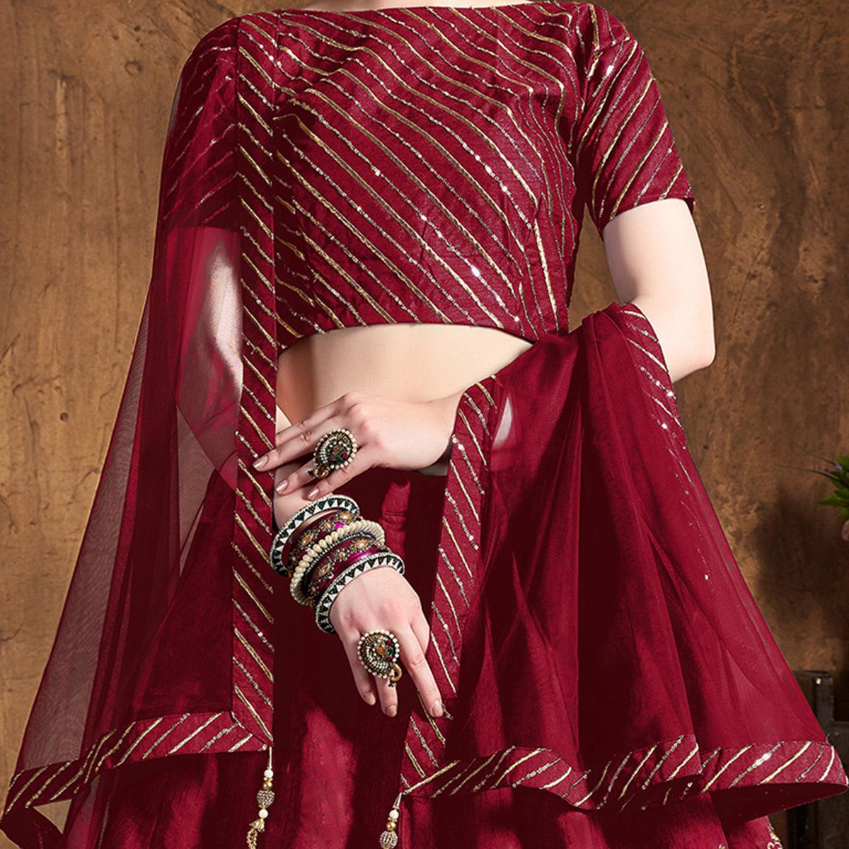 Excellent Red Colored Partywear Embroidered Banglori Silk Lehenga - Peachmode